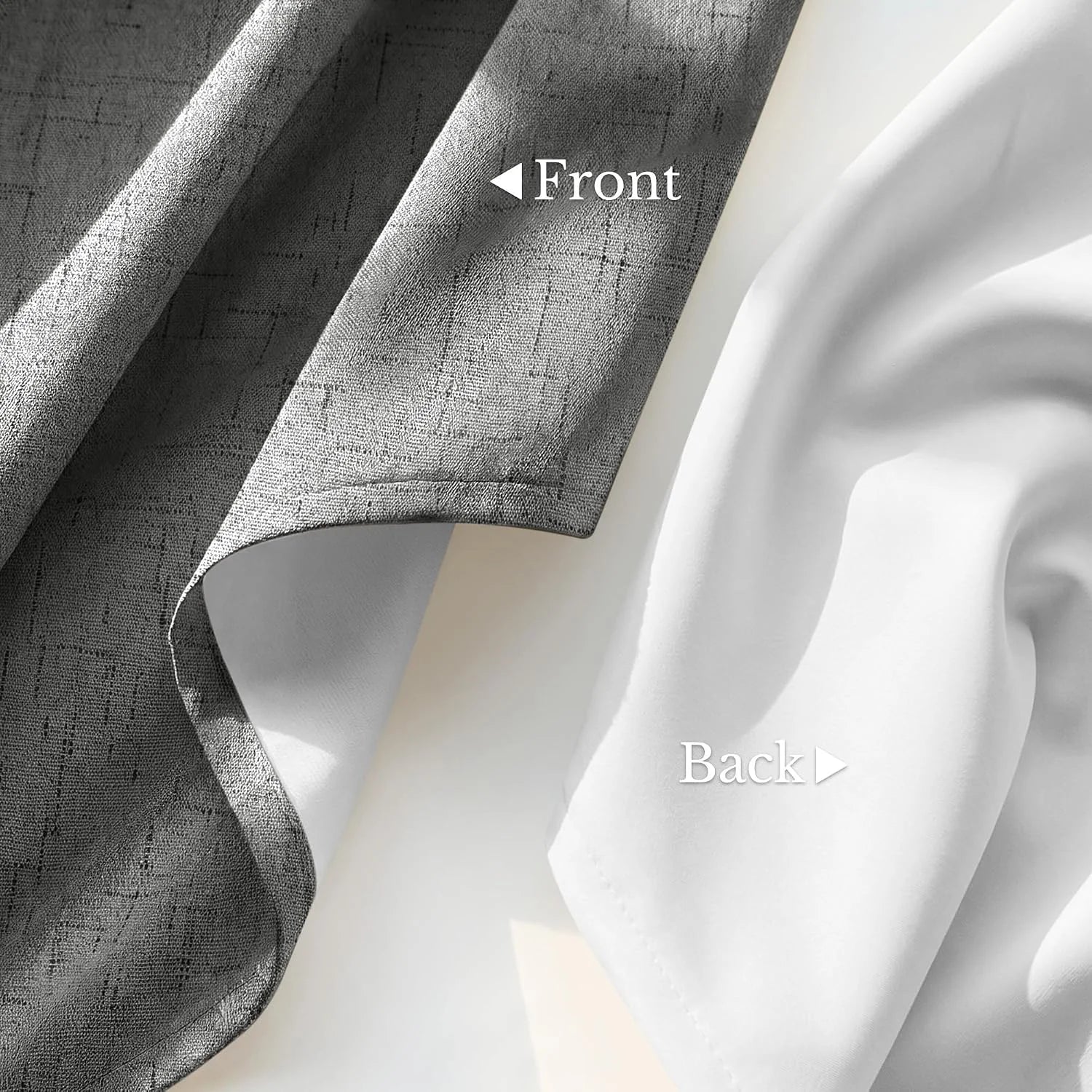 Gray textured blackout curtain fabric showing front woven face and white back lining