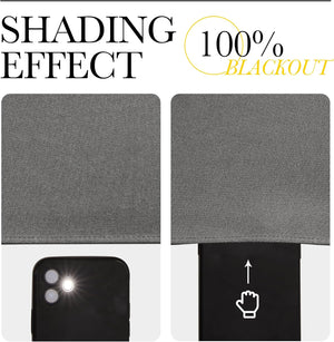 Gray textured fabric swatch demonstrating 100% blackout effect by blocking smartphone flashlight.