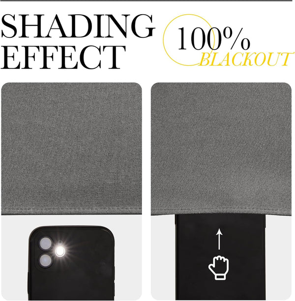 Gray textured fabric swatch demonstrating 100% blackout effect by blocking smartphone flashlight.