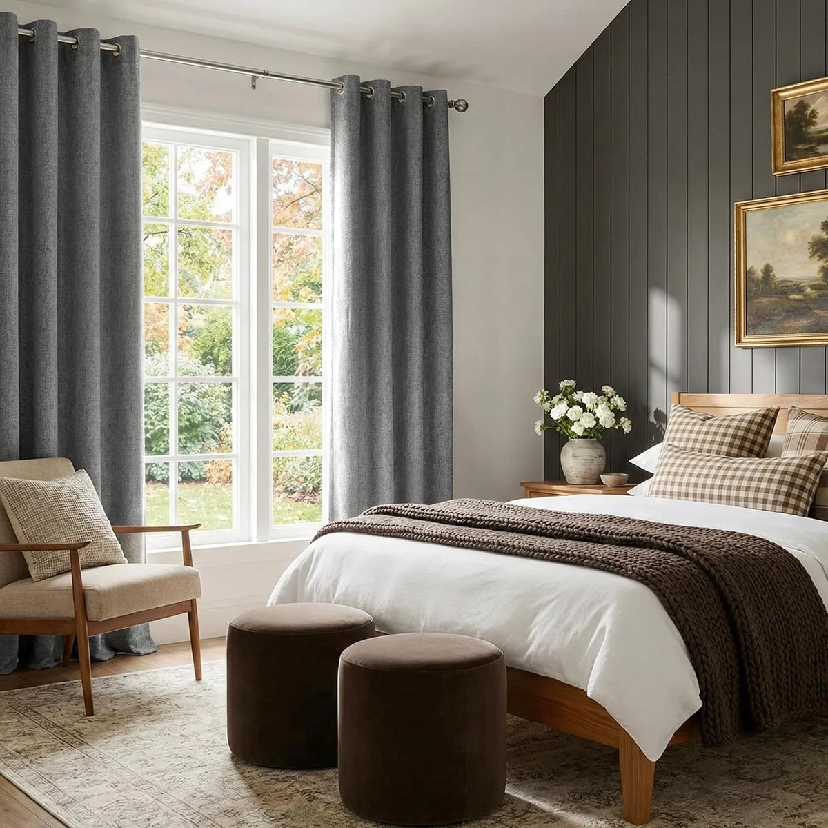 Gray textured grommet curtains framing a bright bedroom window beside a wooden bed