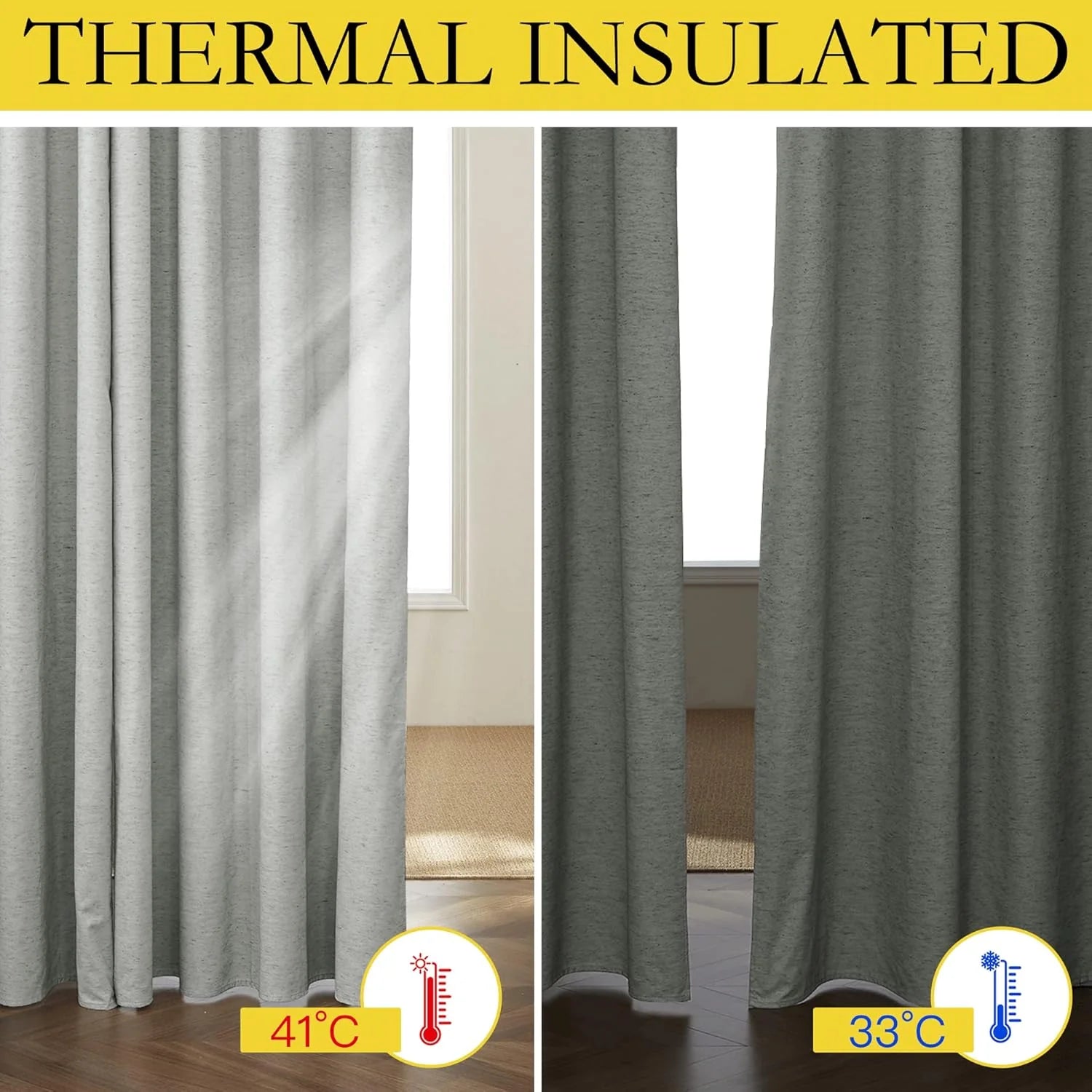 Gray thermal insulated curtains shown blocking heat and cooling a bright window