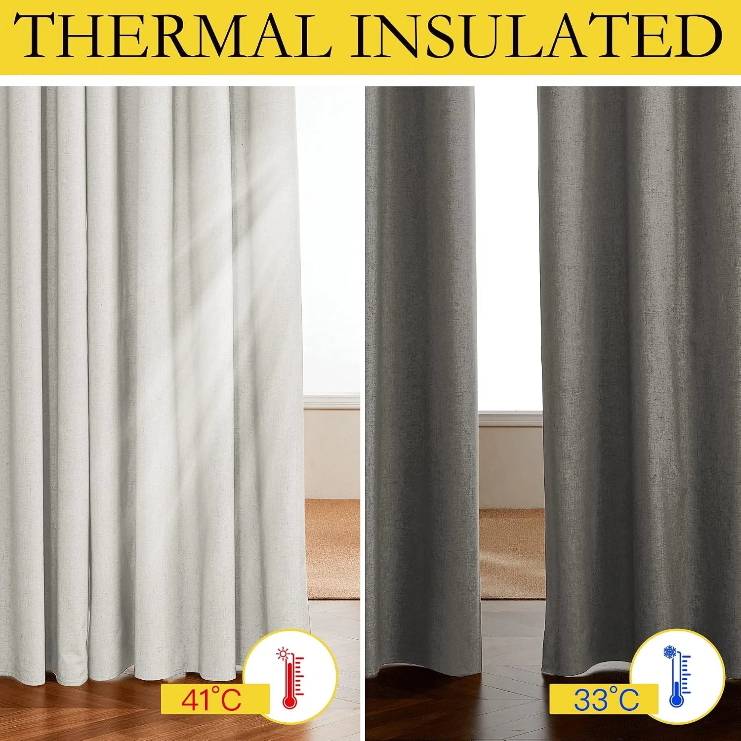 Light and dark gray thermal insulated curtains shown side by side with temperature icons