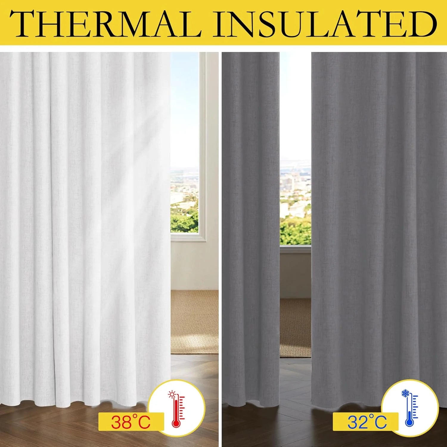Thermal insulated curtains in white and gray shown on a sunlit window comparison