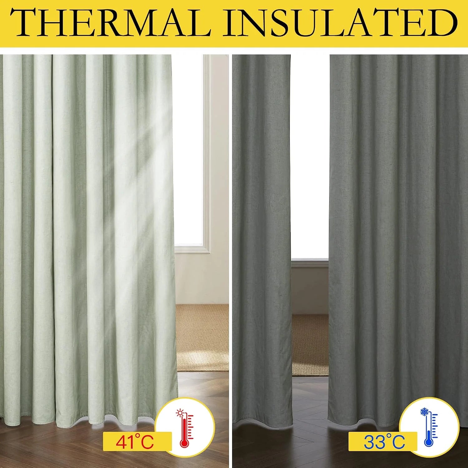 Gray thermal insulated curtains shown in sunlit and shaded window comparison