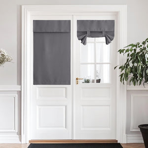 Gray privacy door shades on a white French door; includes a full blackout panel and a tie-up curtain.