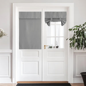 Gray tie-up and full panel privacy shades on white French doors.