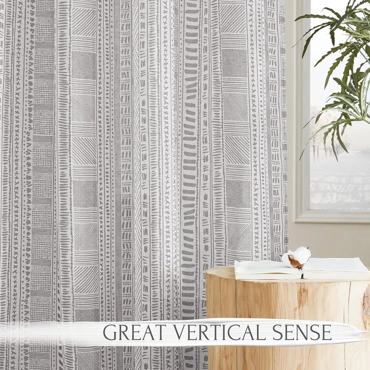 Gray and white tribal striped shower curtain with vertical geometric pattern