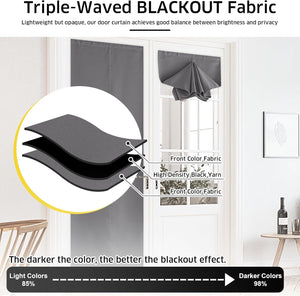 Gray triple-layered blackout door curtain panel and tie-up roman blind style for privacy.