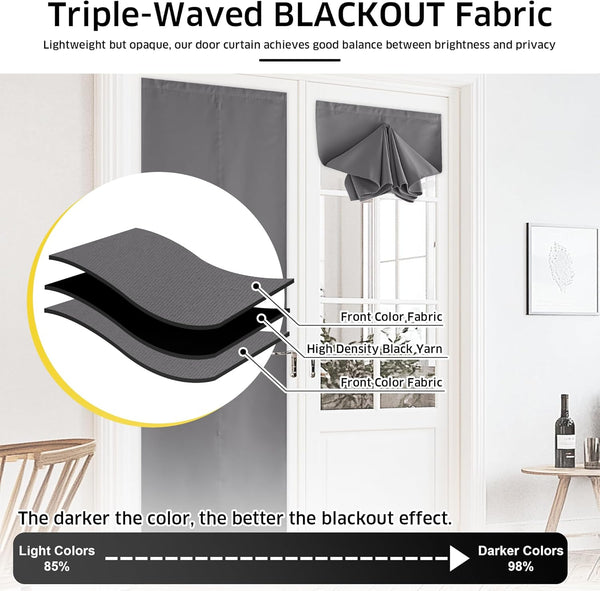 Gray triple-layered blackout door curtain panel and tie-up roman blind style for privacy.