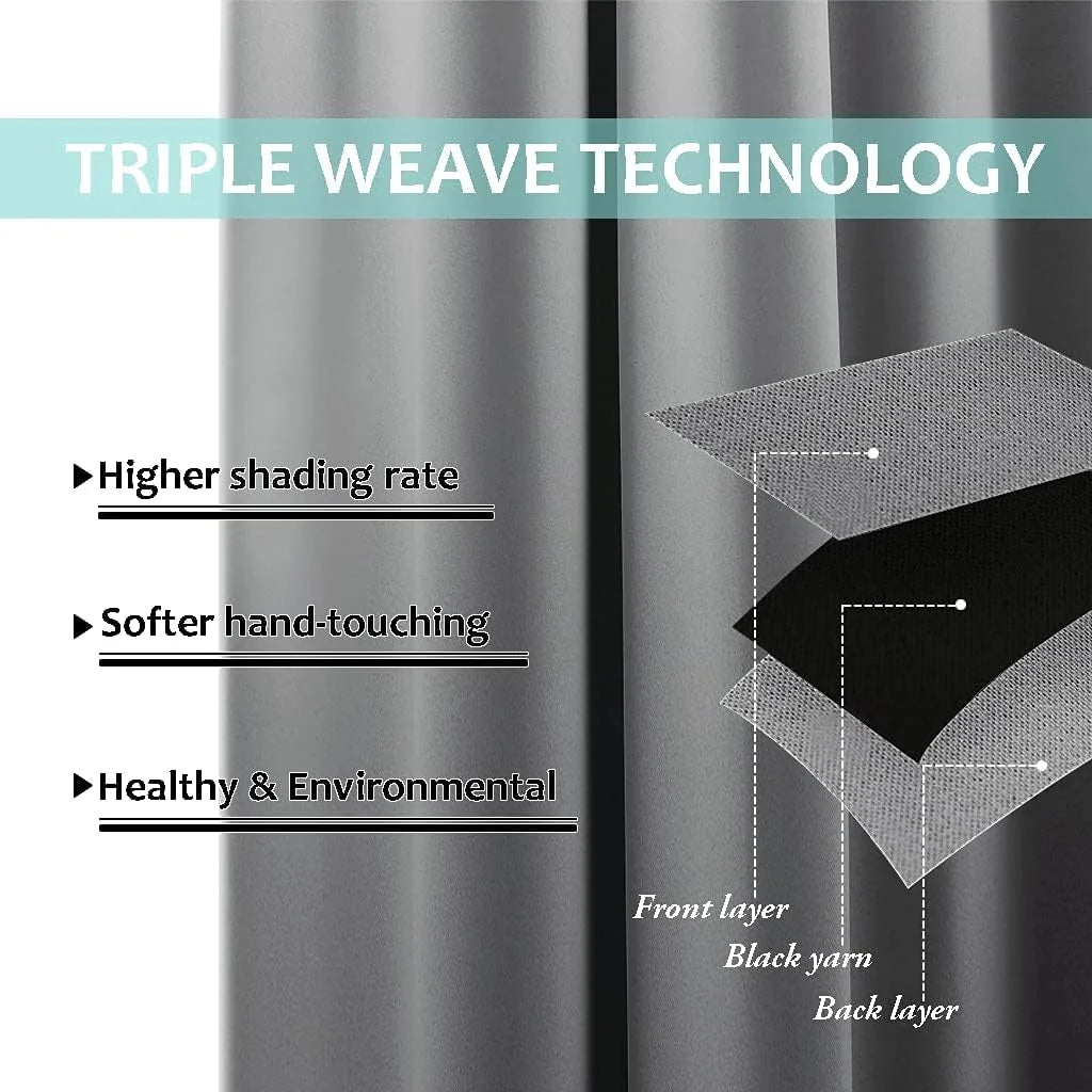 Gray blackout curtain fabric graphic showing triple weave layers and light-blocking features