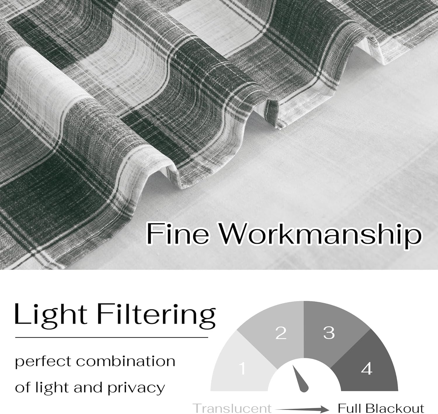 Close-up of dark gray and white plaid light filtering curtain, fine woven texture visible.