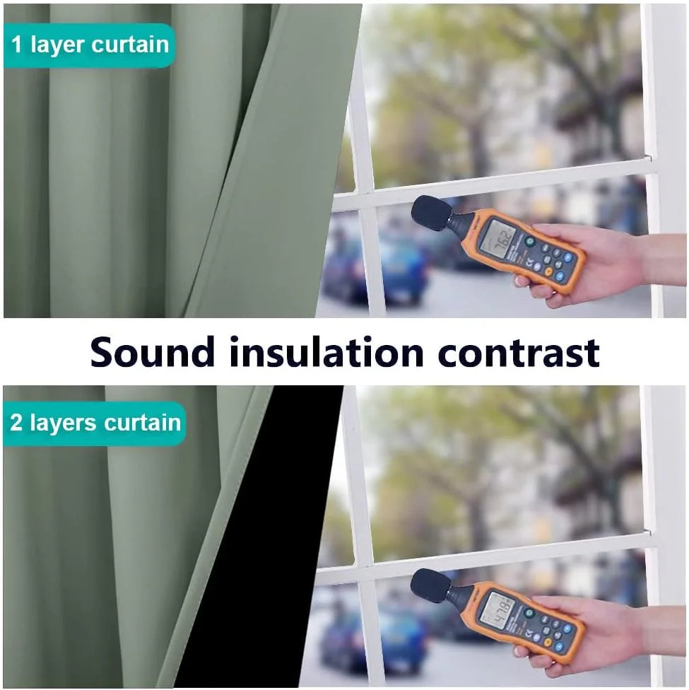 Split comparison of green curtains showing one-layer and two-layer sound insulation by a window
