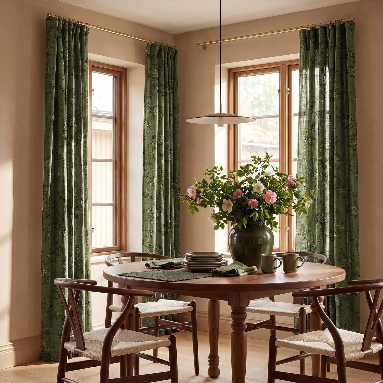 Green botanical curtains framing wood windows in a warm, modern dining room
