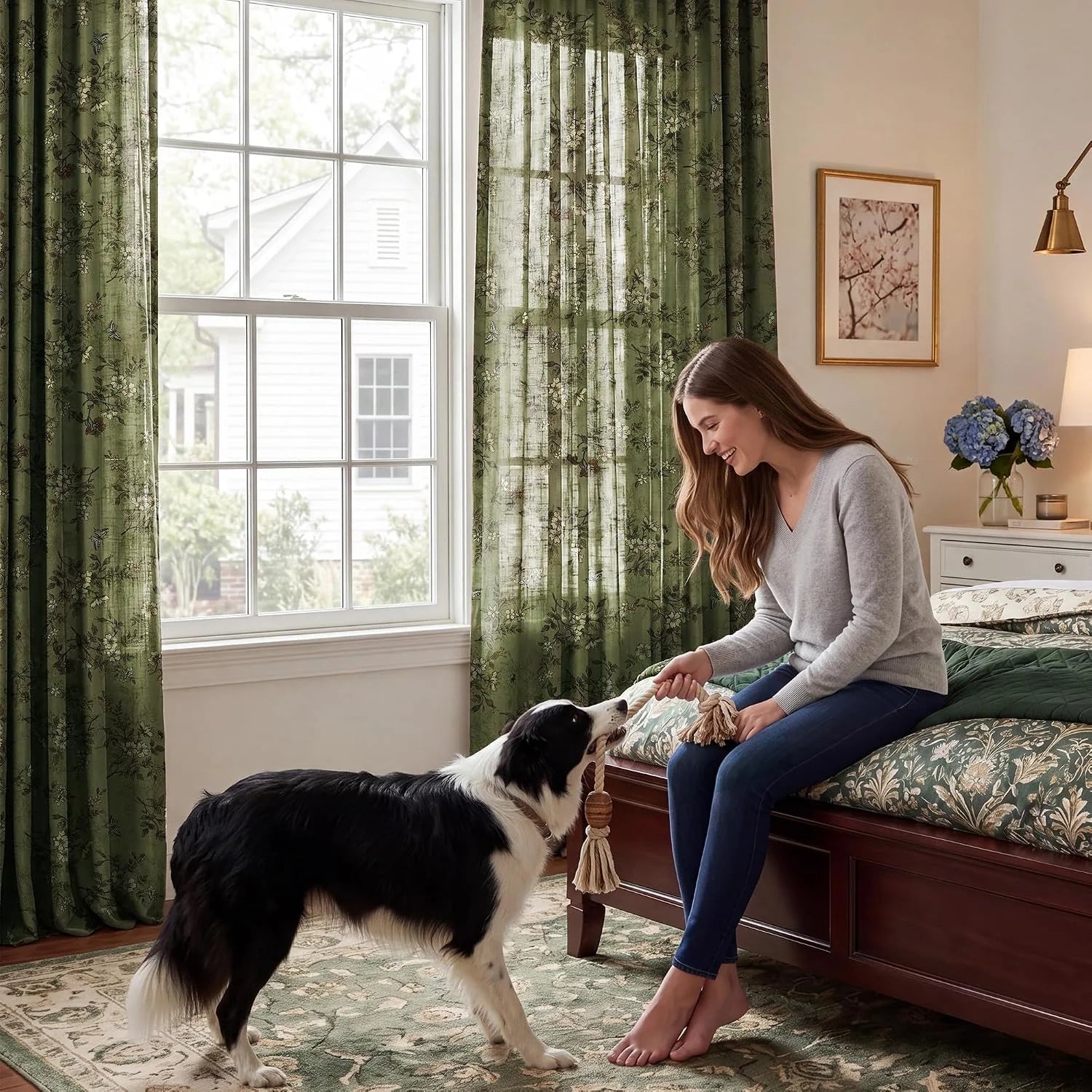Green botanical sheer curtains in a cozy bedroom with a woman playing with her dog