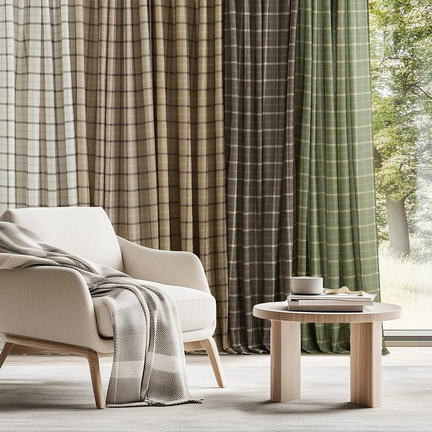 Green and brown plaid curtains in a cozy living room with armchair and wood table