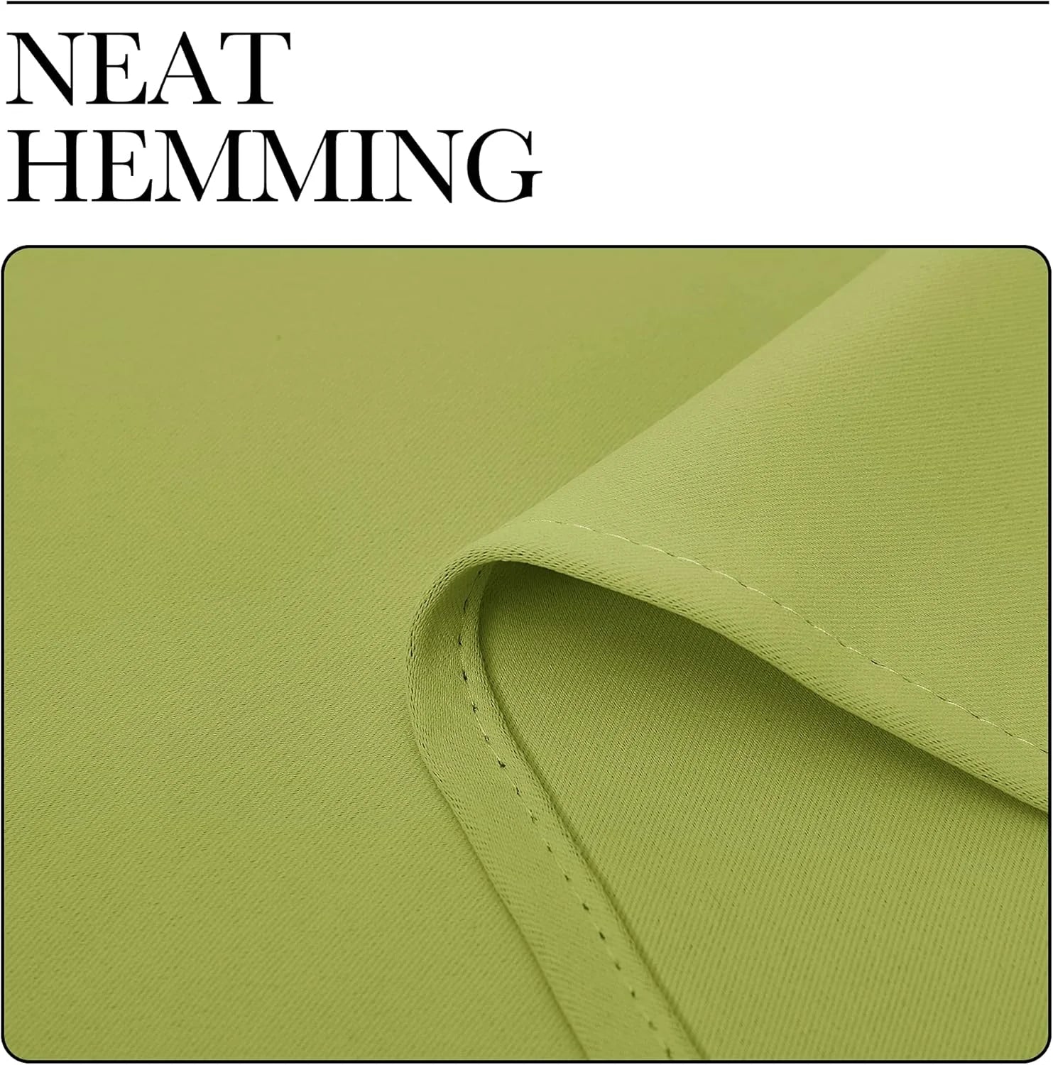 Close-up of light green curtain fabric with neatly stitched hem detail