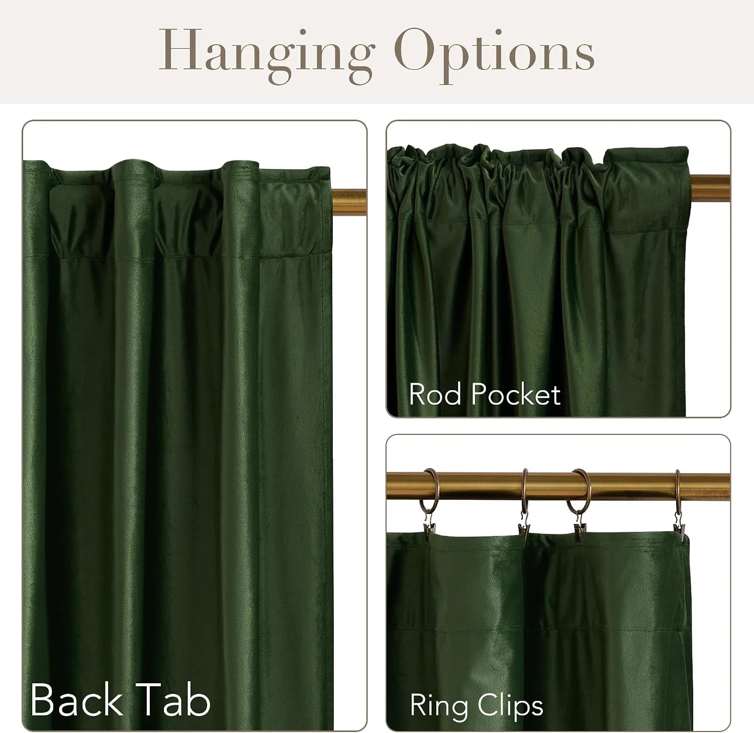 Green faux leather curtain panel showing back tab, rod pocket, and ring clip hanging styles