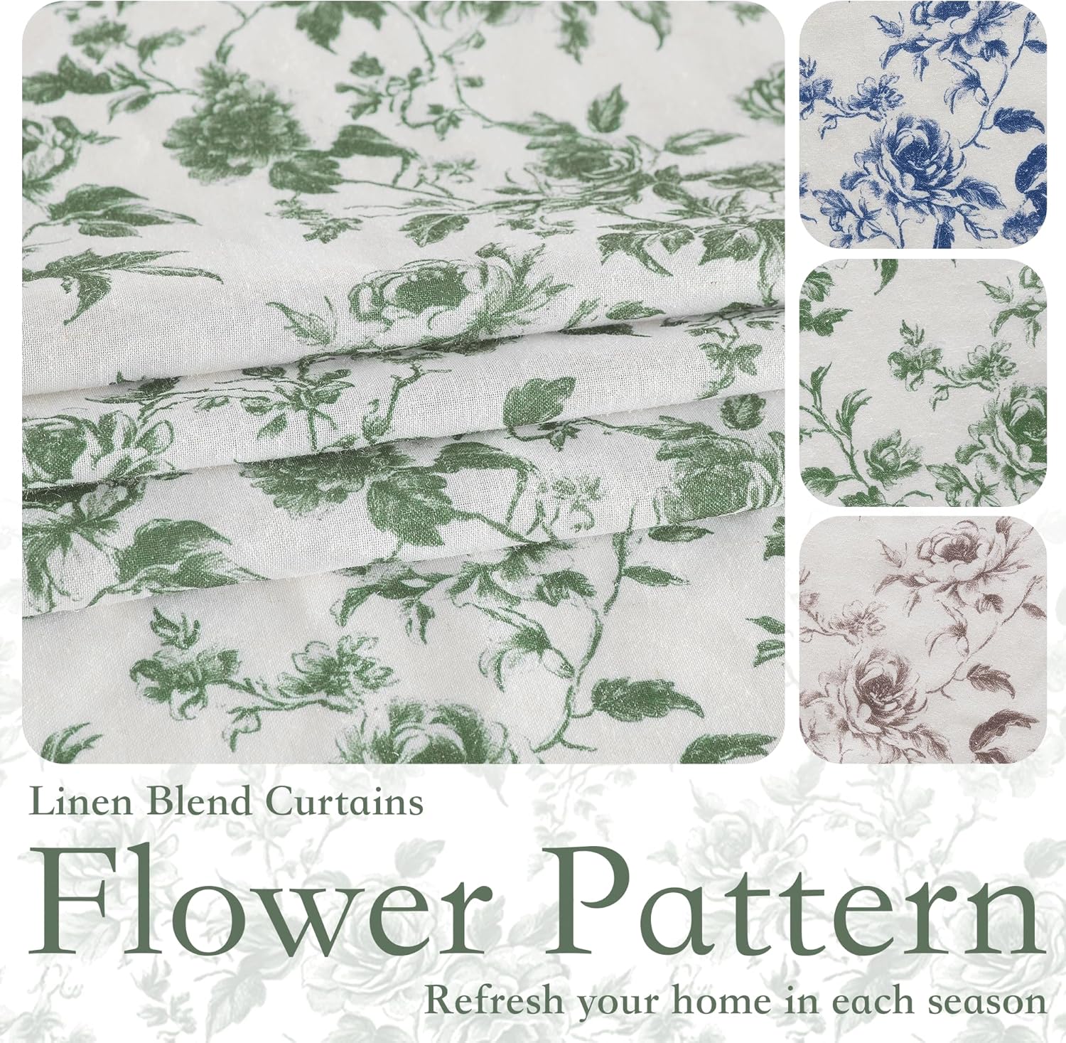 Green vintage floral linen blend curtains. Swatches show blue, green, and brown floral patterns.