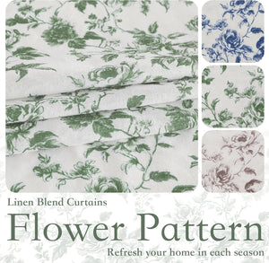 Green vintage floral linen blend curtains. Swatches show blue, green, and brown floral patterns.