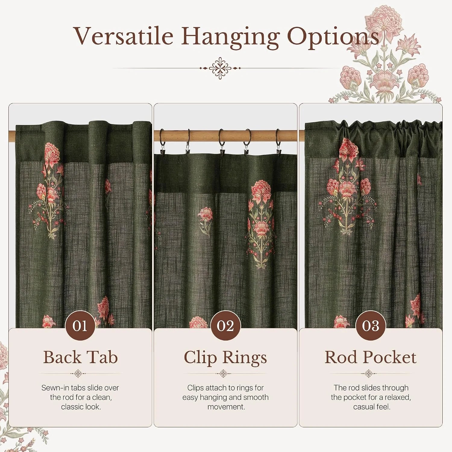 Guide showing green floral curtains with back tab, clip rings, and rod pocket headers