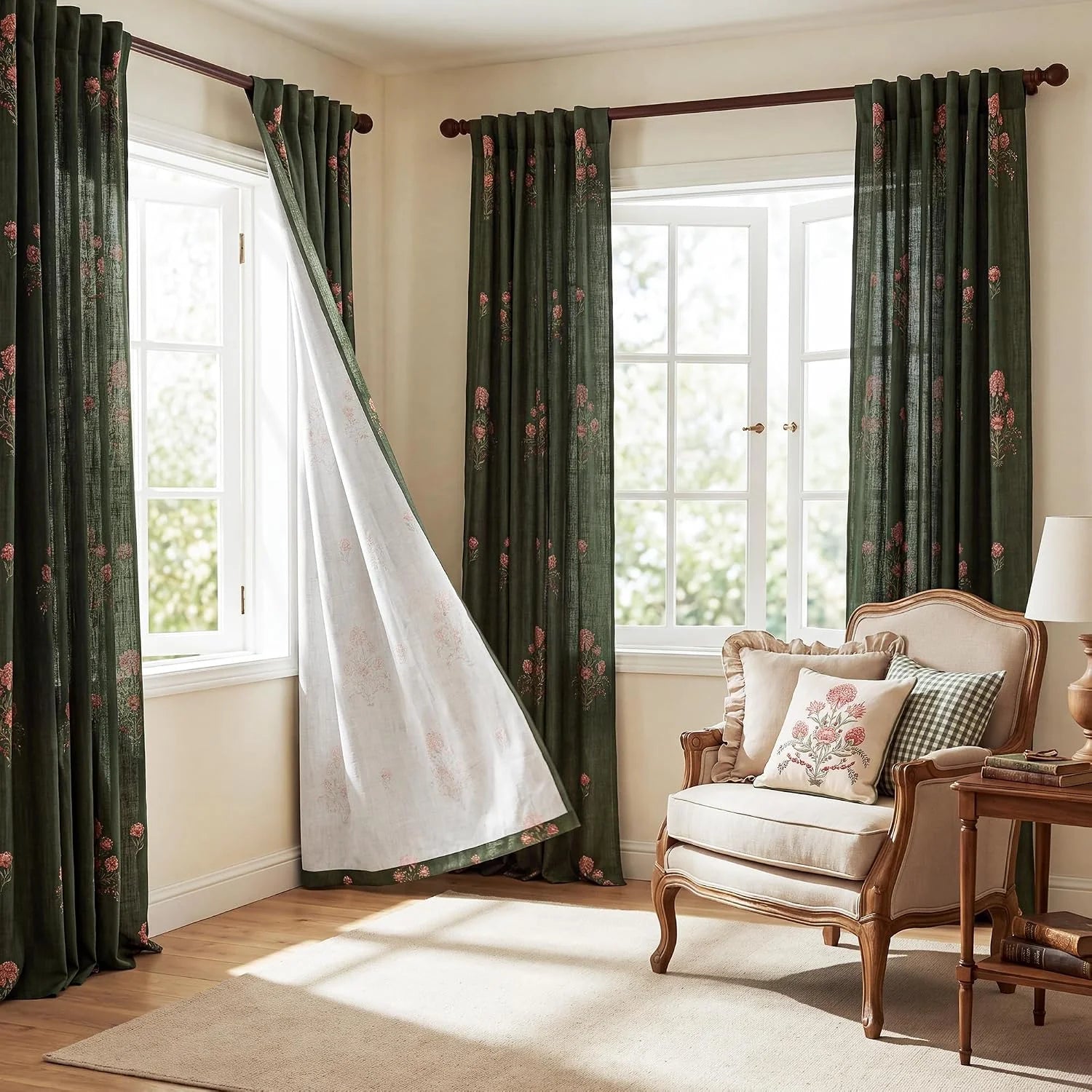 Dark green floral linen curtains in a cozy traditional living room with armchair