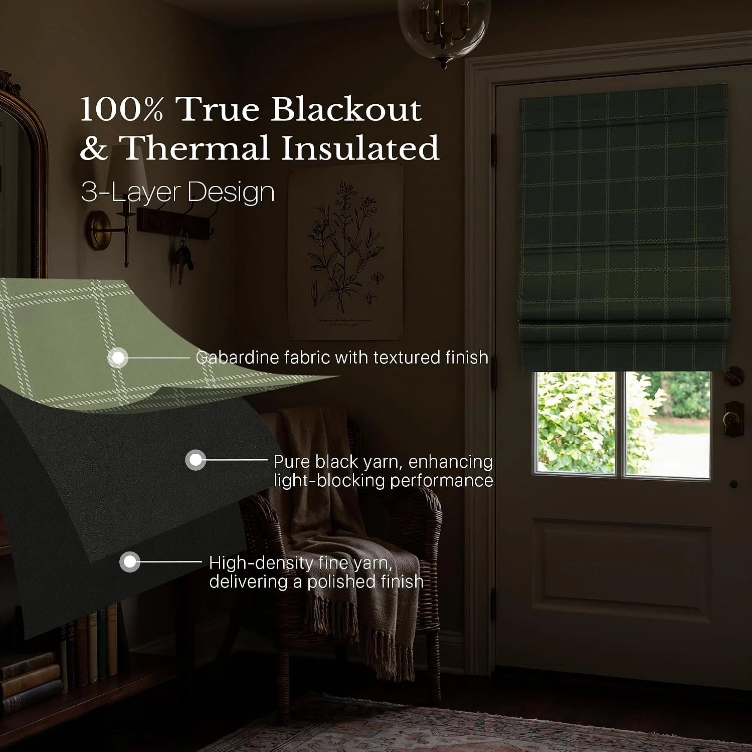 Green plaid gabardine blackout Roman shade on a glass door with thermal lining callouts