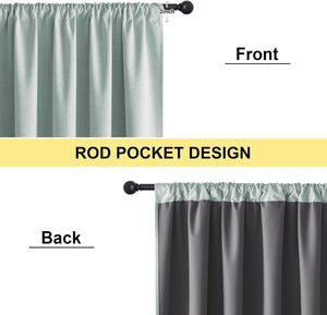 Green textured rod pocket curtain front. Dark gray blackout lining on reverse, showing 3-inch pocket.