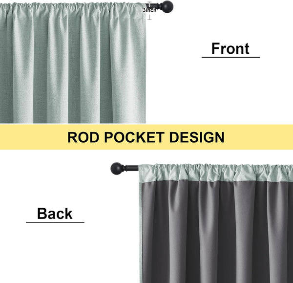 Green textured rod pocket curtain front. Dark gray blackout lining on reverse, showing 3-inch pocket.