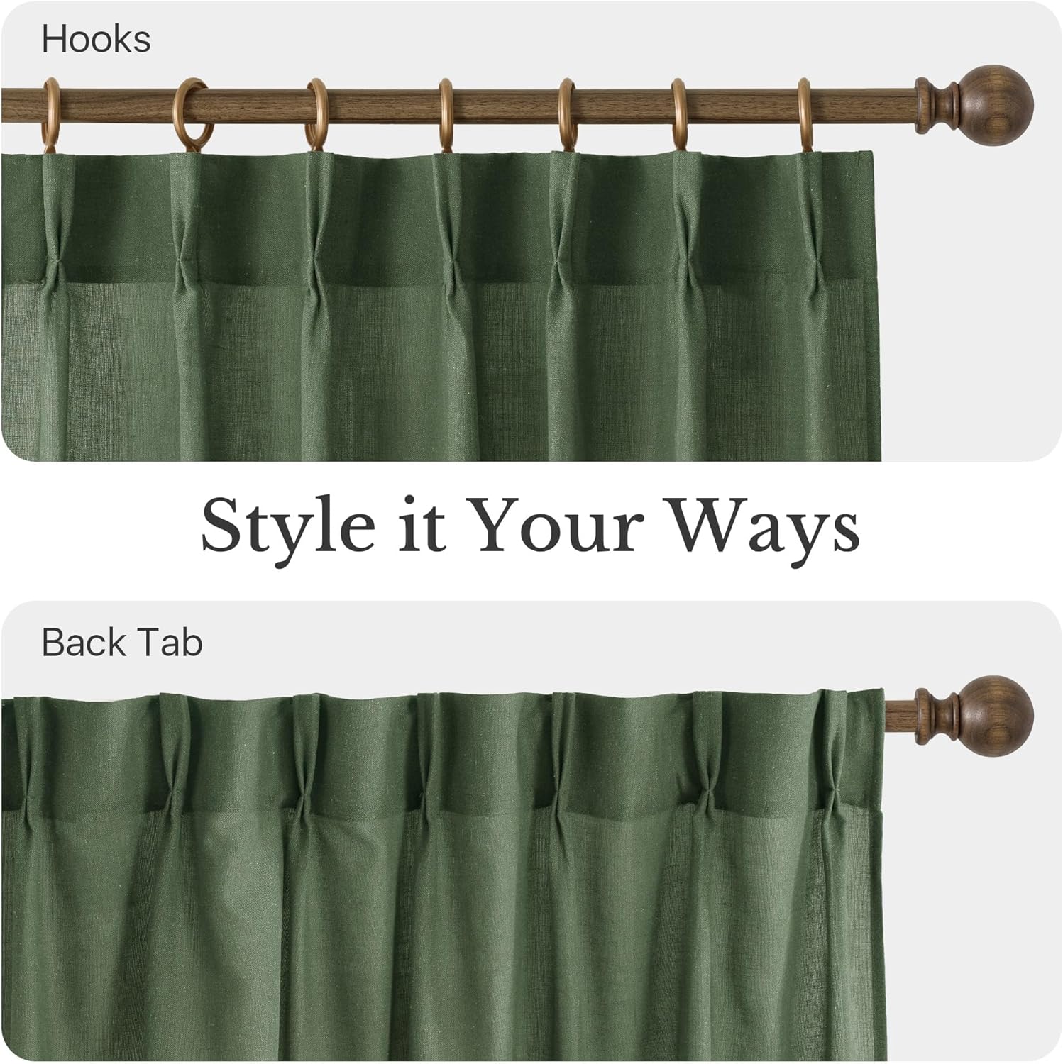 Textured dark green linen curtain displaying two hanging styles: hooks with rings and back tabs.