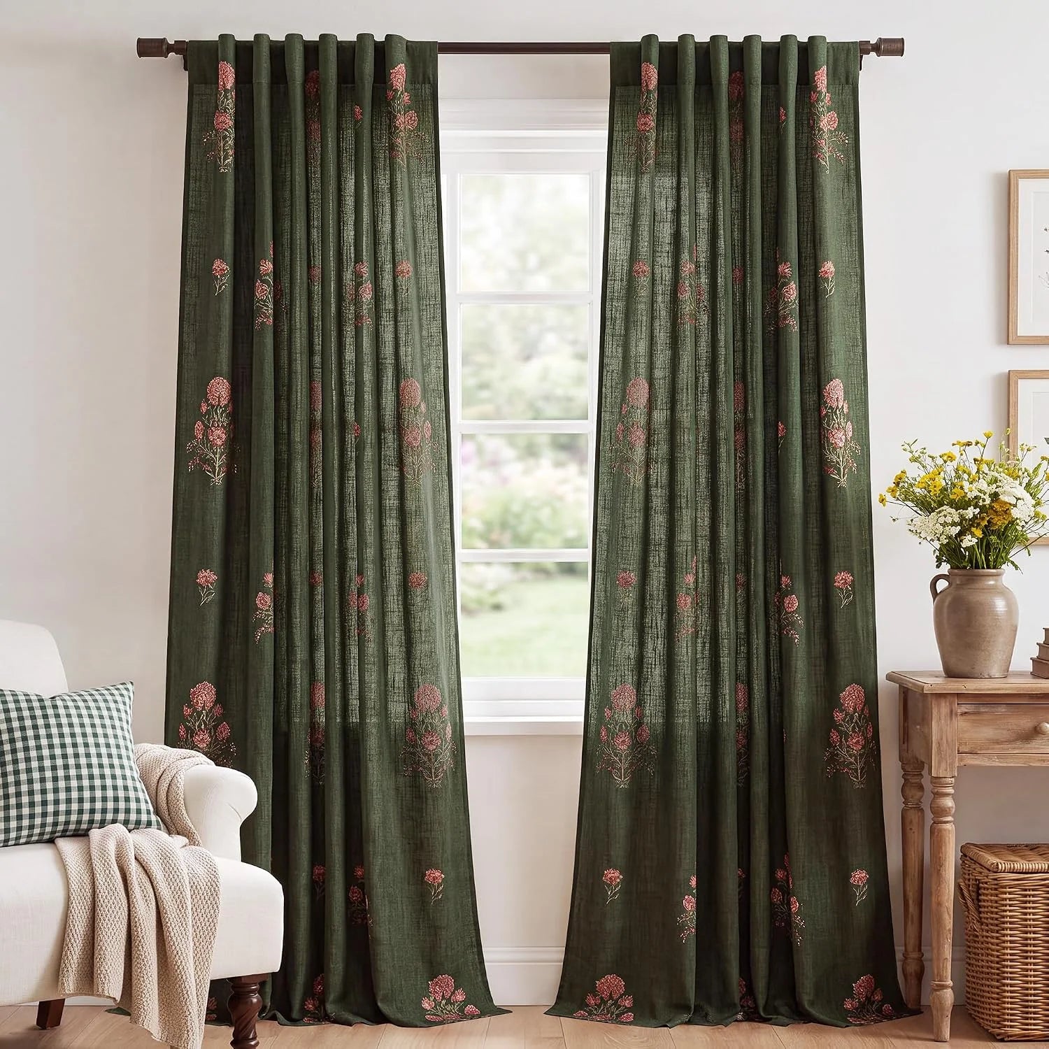 Dark green linen-look curtains with pink floral print in a cozy farmhouse living room