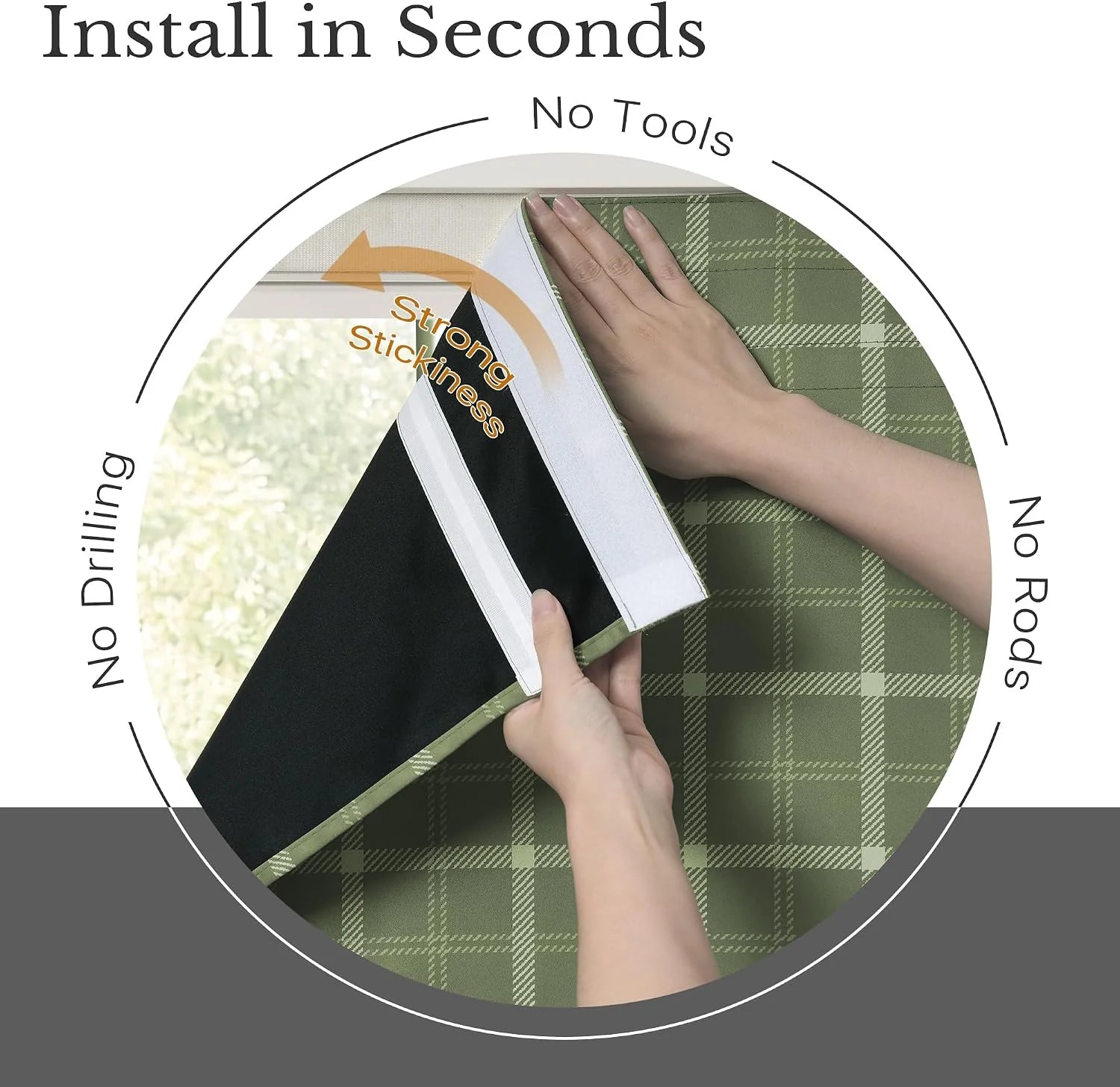 Hands installing a green plaid adhesive blackout curtain with no tools or rod
