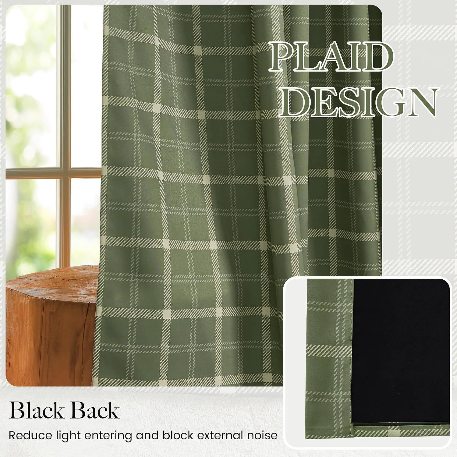 Green plaid blackout curtain panel with black backing beside a wood-framed window