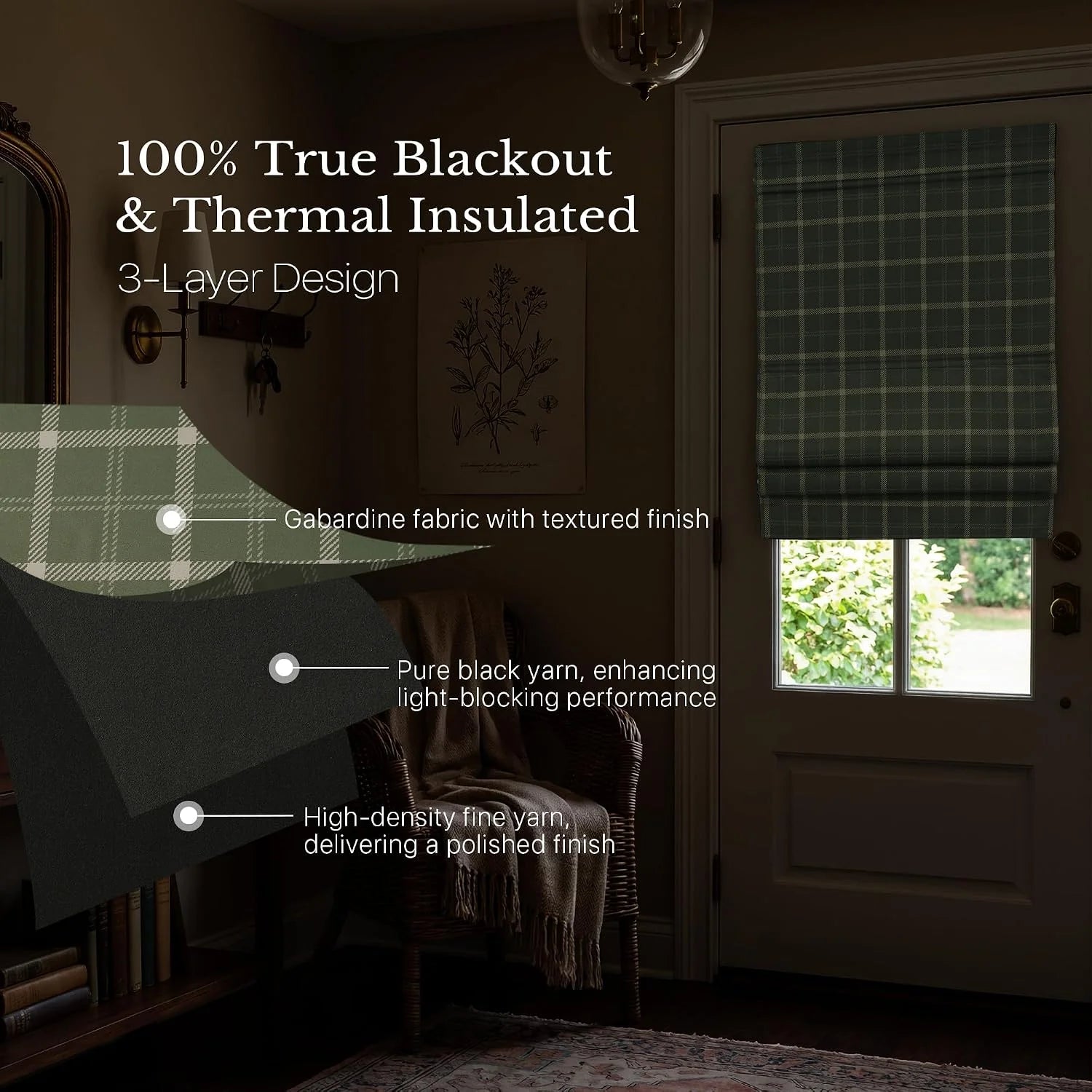 Green plaid Roman shade on entry door with blackout thermal insulated fabric layers