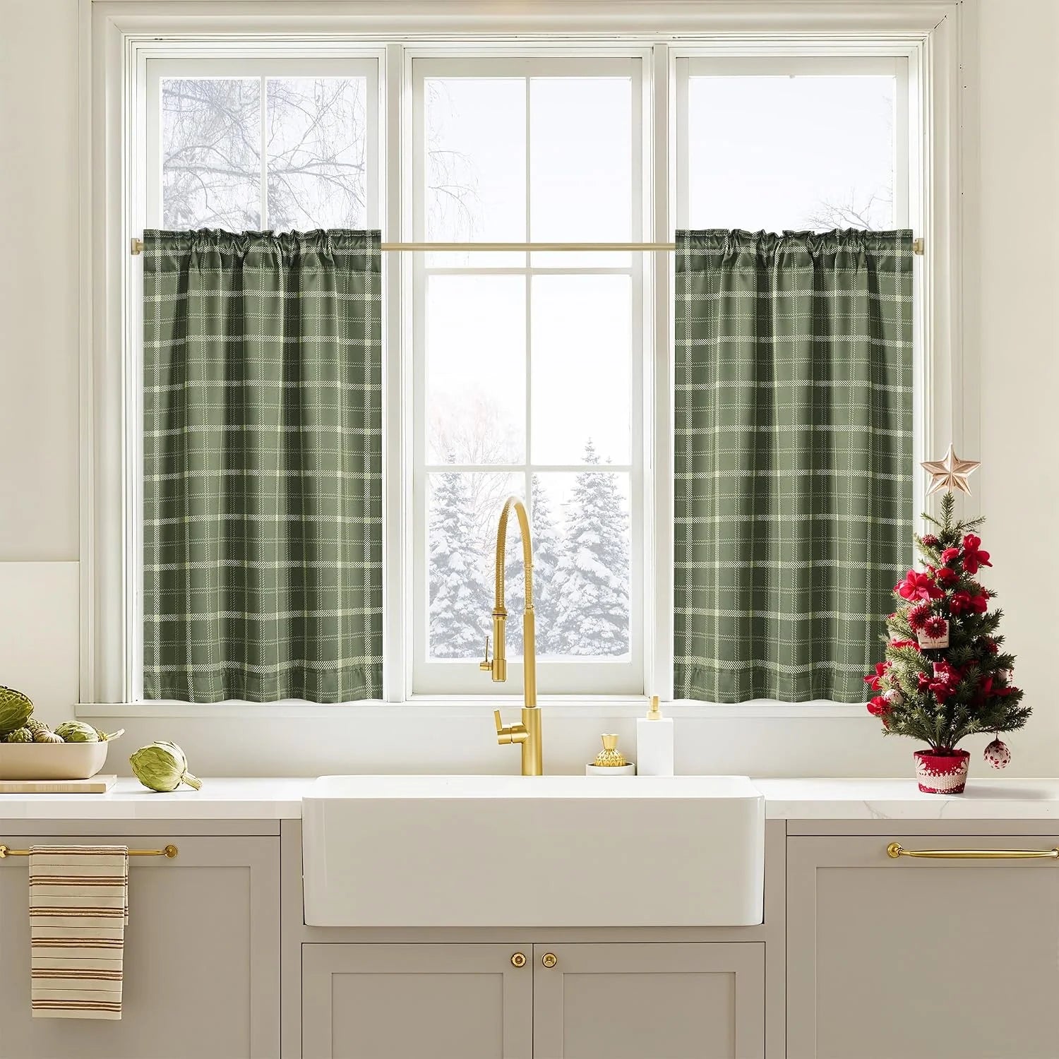 Green plaid cafe curtains on a white kitchen window above a farmhouse sink