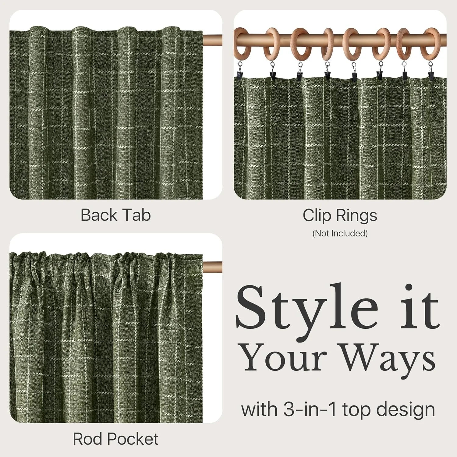 Green plaid curtain panel showing three versatile hanging styles: back tab, clip rings, and rod pocket.