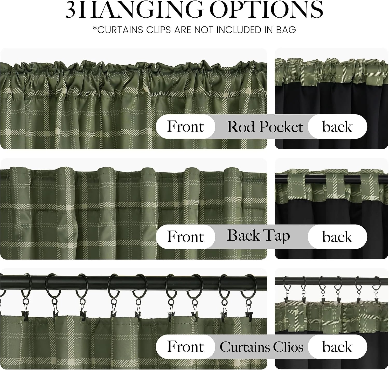 Green plaid curtain panel showing rod pocket, back tab, and clip ring hanging styles