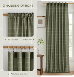 Olive green plaid curtain panel with rod pocket, back tab, and hook hanging options.