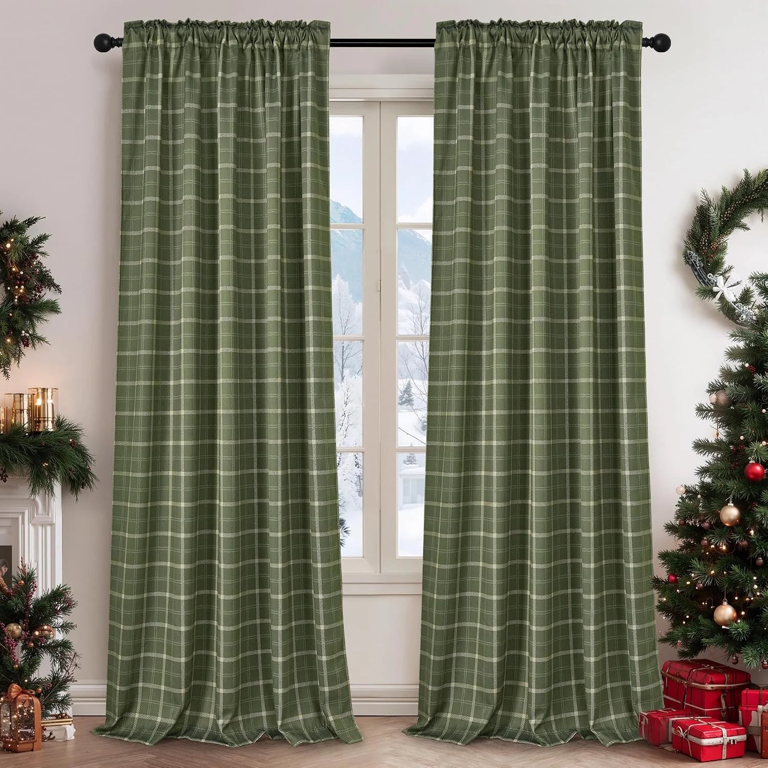 Green plaid curtains on a black rod in a cozy holiday living room window
