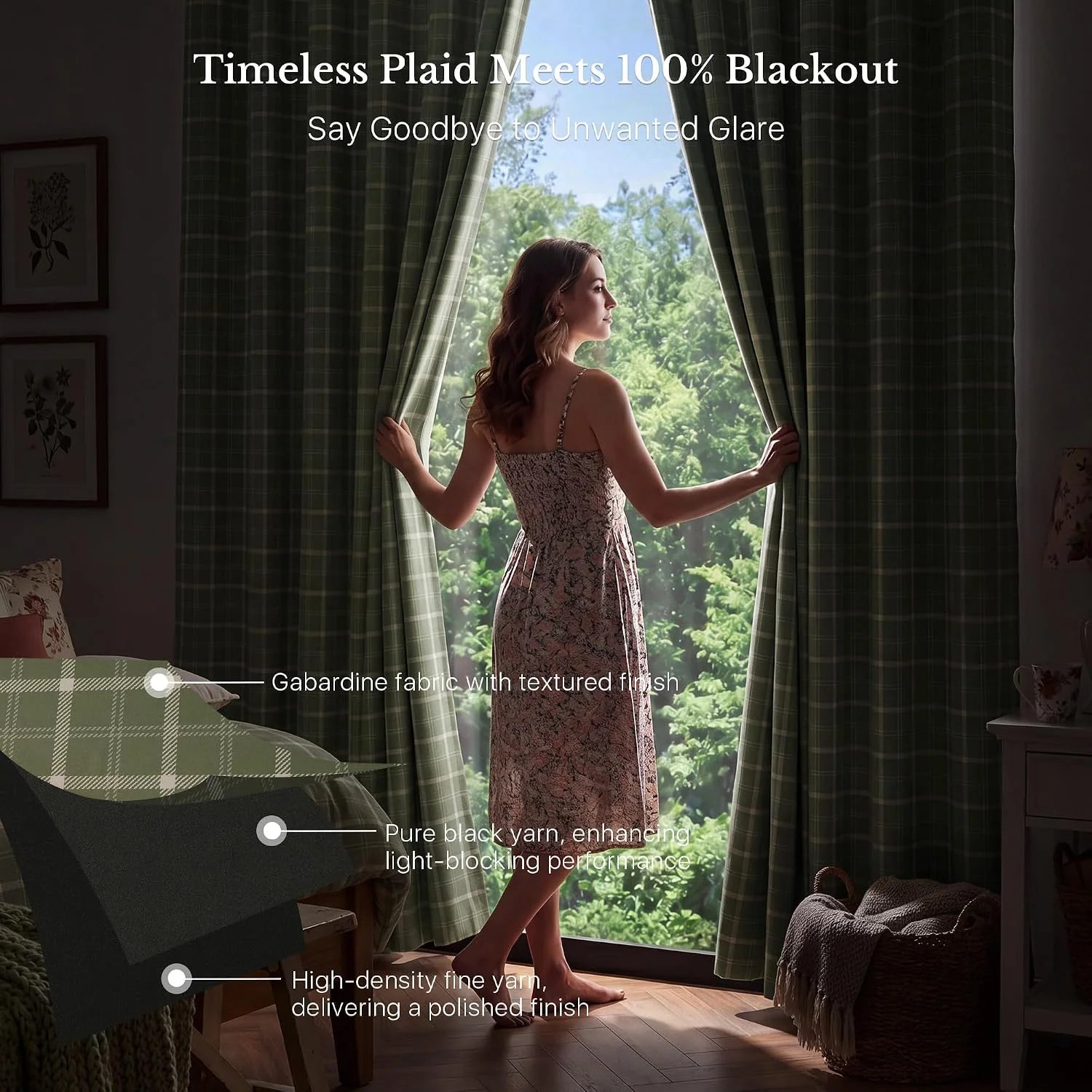 Woman opening dark green plaid blackout curtains in a cozy bedroom window