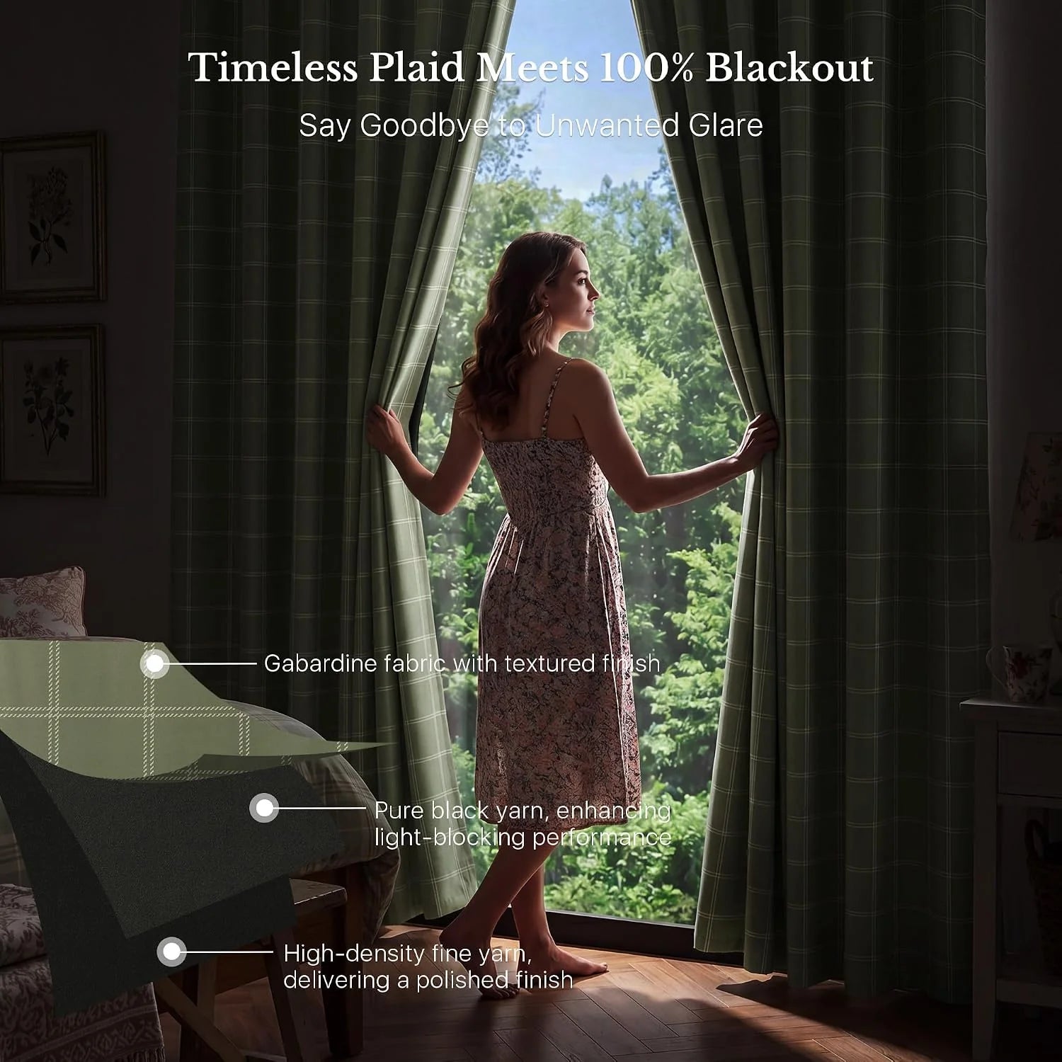 Woman opening green plaid blackout curtains in a softly lit bedroom window