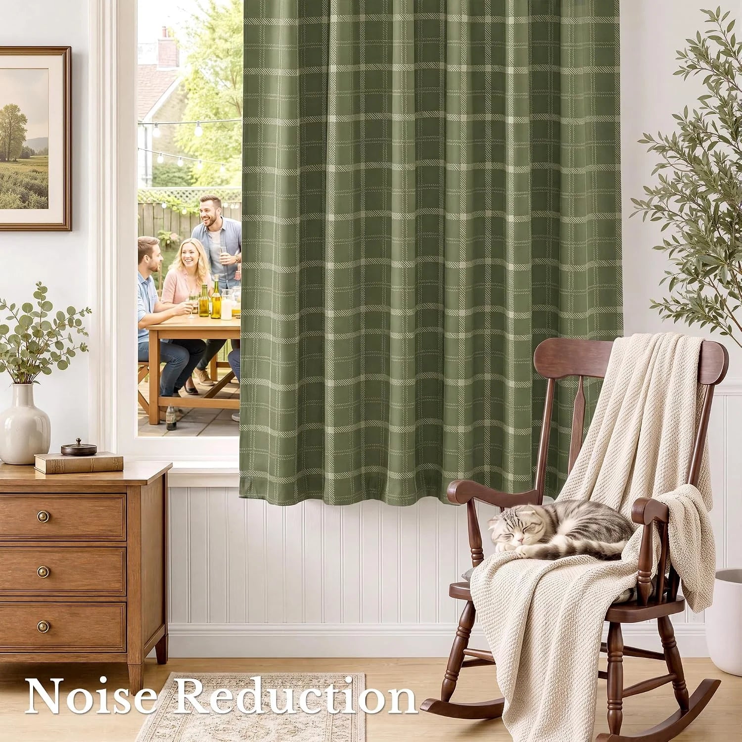 Green plaid noise-reducing curtain in a cozy living room with rocking chair