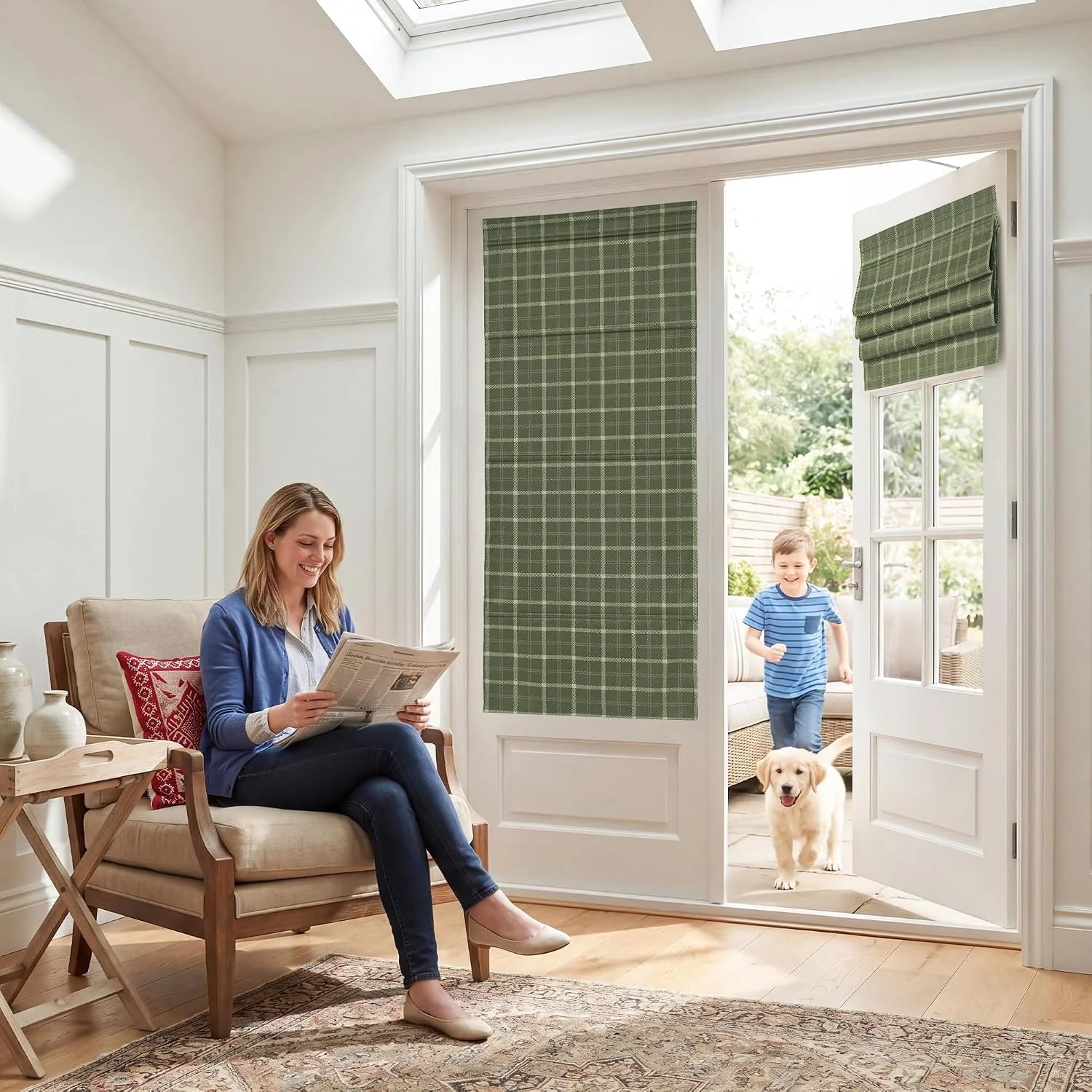 Green plaid Roman shades on glass patio doors in a bright modern sitting room