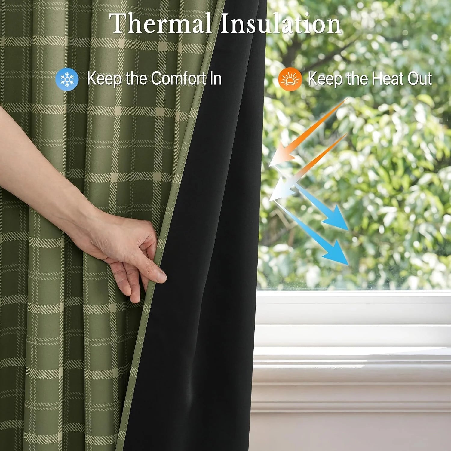 Hand pulling back green plaid thermal blackout curtain to show black insulated lining