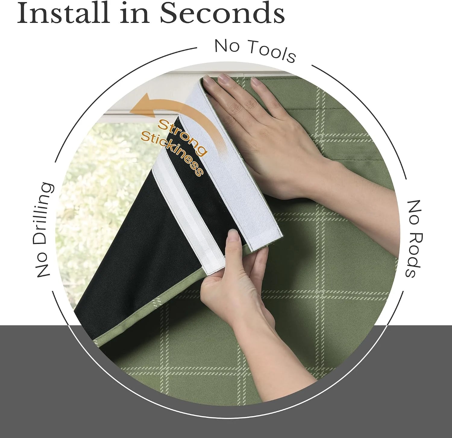 Hands installing a green plaid blackout curtain with adhesive hook-and-loop tape