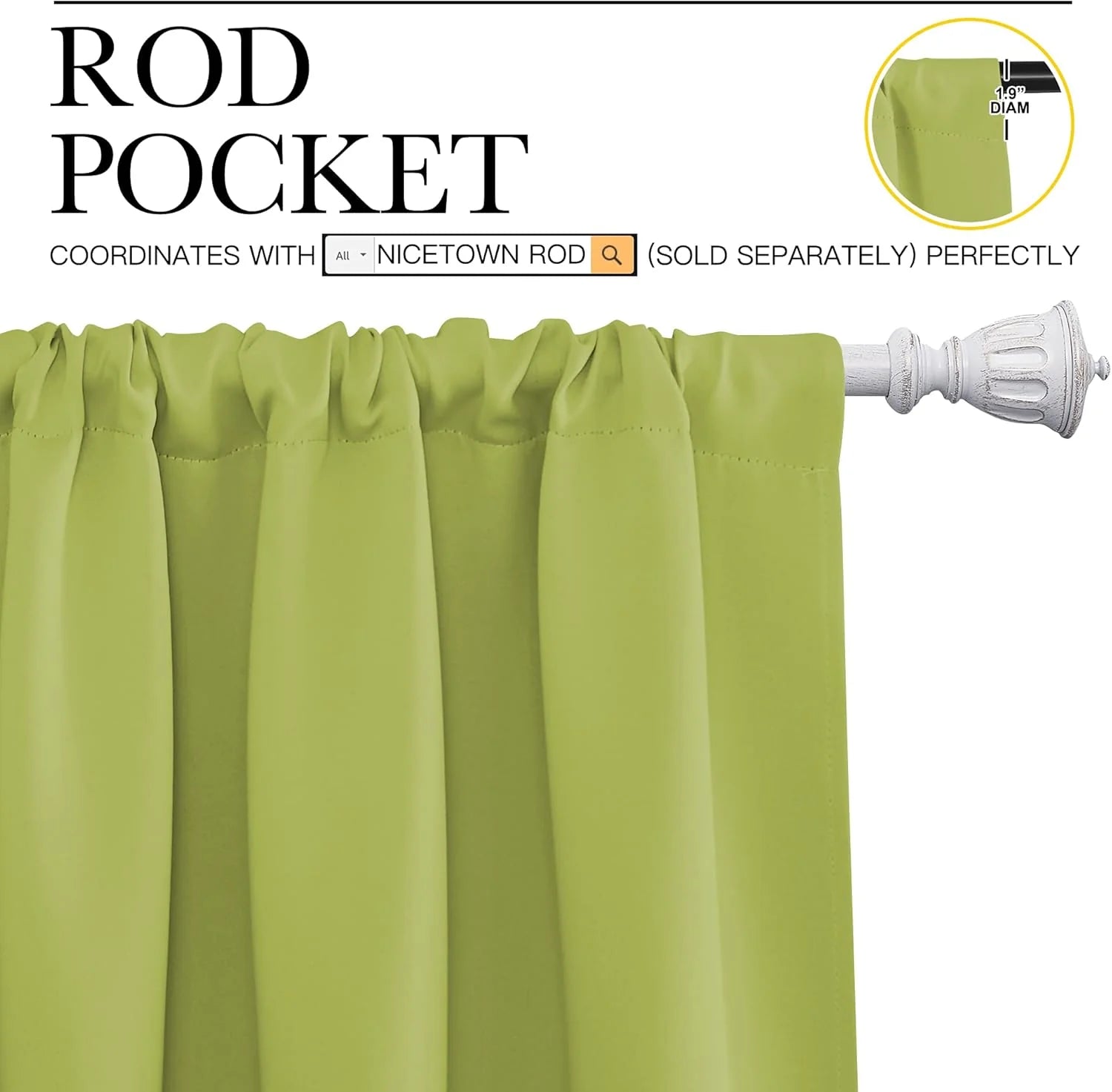 Light green rod pocket curtain panel hanging on a white decorative curtain rod