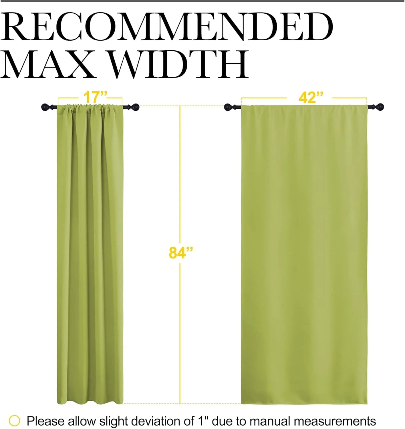 Green rod pocket curtain panel showing recommended max width and 84 inch length