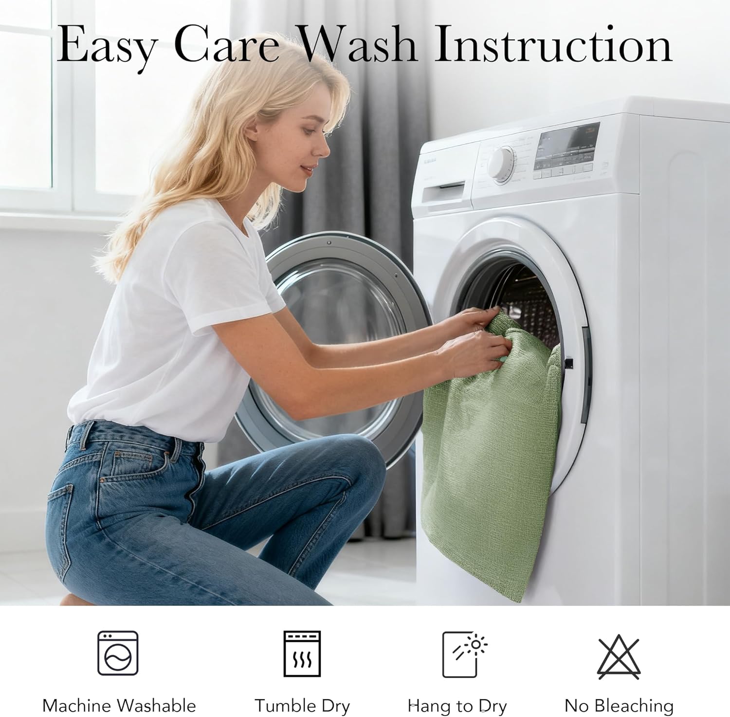 Woman placing a light green textured bath mat into a washing machine for easy care.