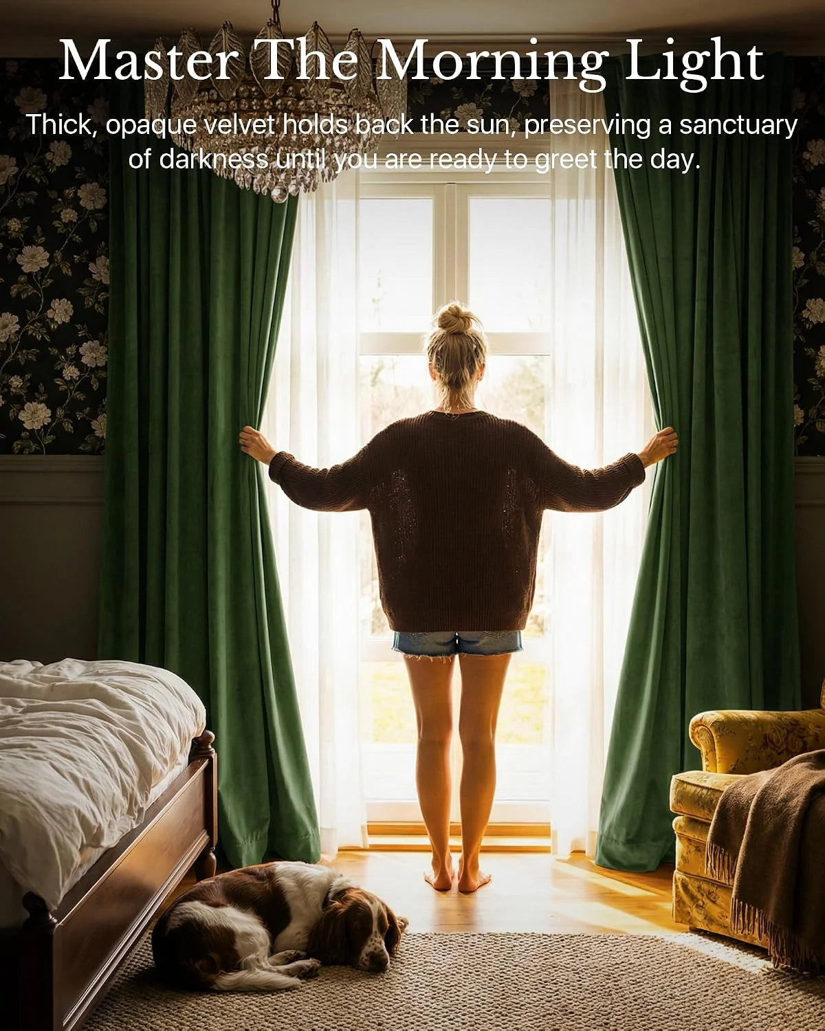 Woman opening dark green velvet blackout curtains in a cozy vintage bedroom
