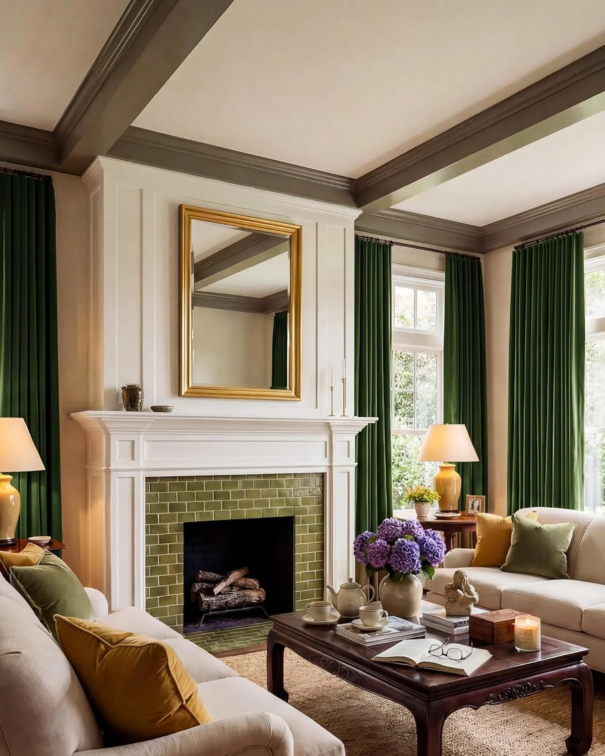 Dark green velvet curtains framing tall windows in a traditional living room