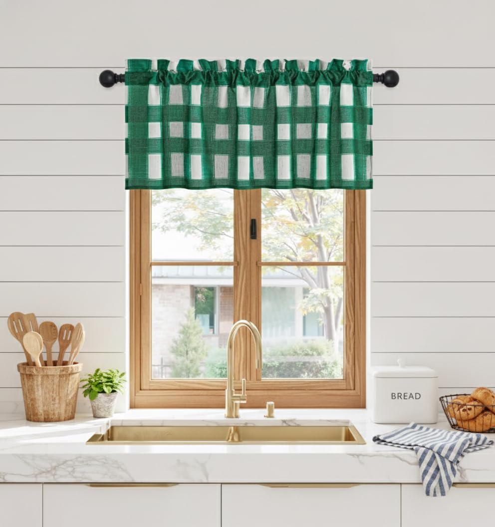 Green and white buffalo check kitchen valance with ruffled rod pocket top above a sink.